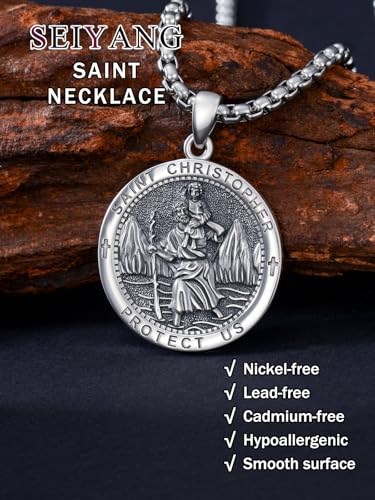 Seiyang 925 Sterling Silver St Michael/St Christopher/St Raphael/St Jude/St Benedict Crucifix Pendant/Nail Cross Necklace Religious Amulet Jewelry Gift for Men Women (with Gift Box) A04-Christopher(Round)