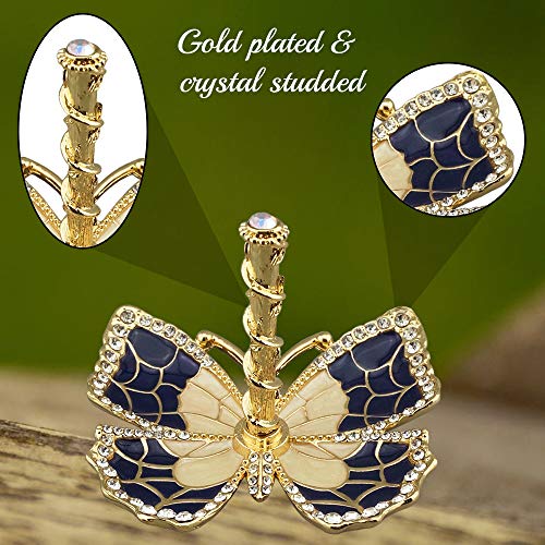 Matashi gold-plated butterfly jewelry organizer with blue enamel accents and crystal embellishments, designed for jewelry storage.