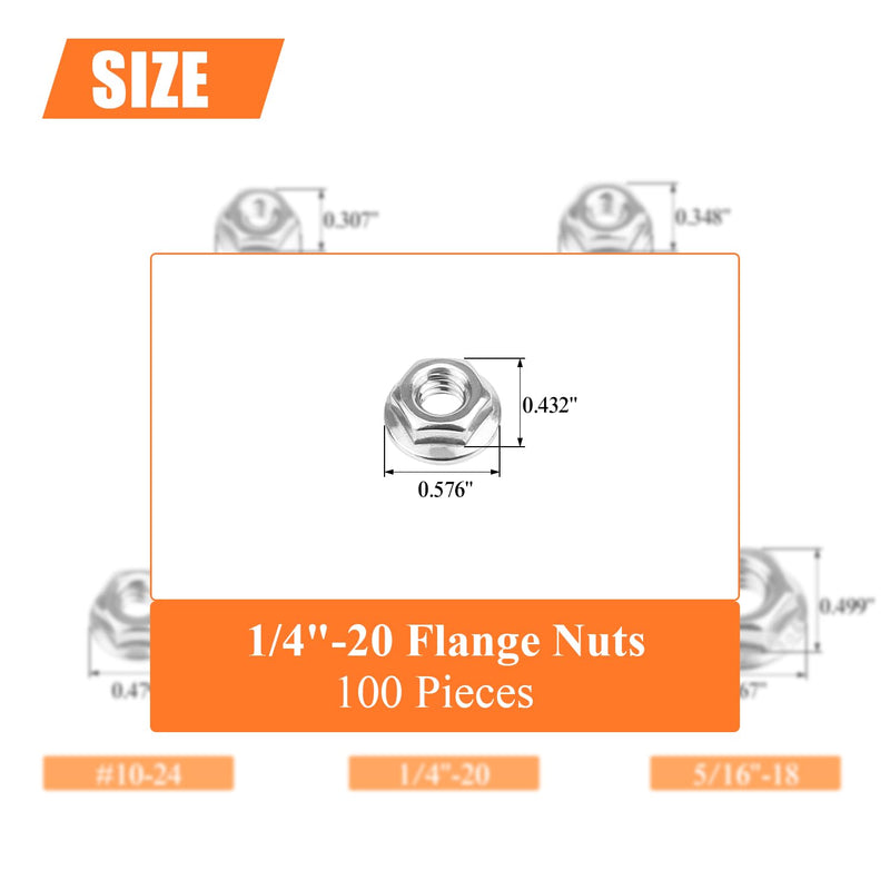 [Australia - AusPower] - 100 Pieces 1/4”-20 Flange Nuts, Serrated Flange Hex Lock Nuts Assortment Kit, 304 Stainless Steel (18-8), Bright Finish, Coarse Thread 