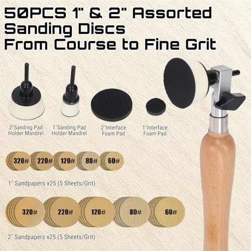Bowl Sander Tool Kit, Wood Lathe Bowl Sander Wood Turning Lathe Sanding Tools Bowl Sanding Tool, Wood Sander Bowl Sander Tool with 50pcs（60, 80, 120, 220, 320 Grit 10 pcs Each) for Wood Woodworking