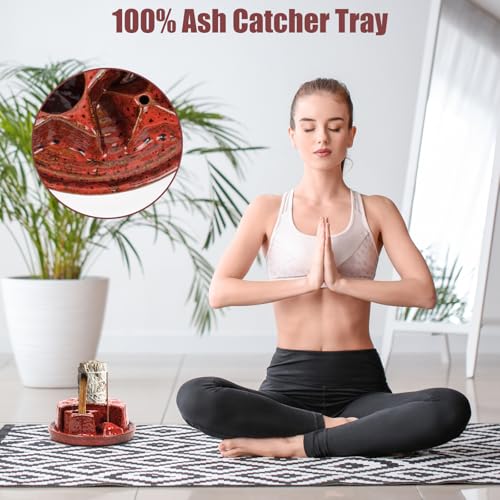 4 in 1 Incense Holder, Incense Burner, Palo Santo Holder, Ceramic Ash Catcher Tray for Meditation Room, Candle Holder for Burning Sage (Speckled Red) Speckled Red