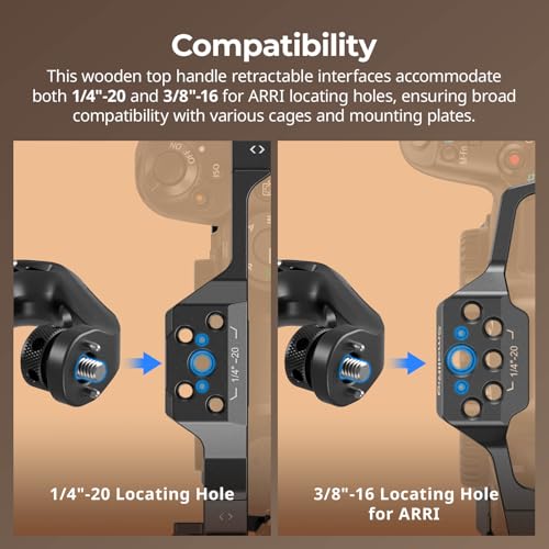 SmallRig Wooden Top Handle with Retractable 1/4''-20 and 3/8''-16 Locating Screw for ARRI, Max Load 15kg / 33.1lb for Universal Camera Cages and Rigs, 2 Cold Shoe Adapters to Mount Accessories- 5252