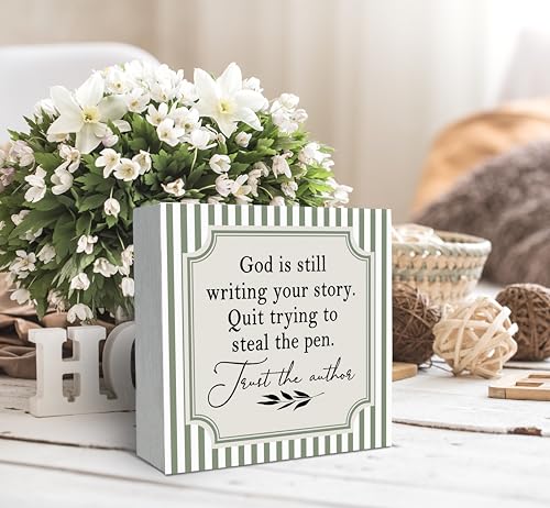 SRADMO Christian Wood Box Sign Desk Decor, Christian Gifts for Women, God Is Still Writing Your Story Bible Verse Theme Wooden Block Box Sign Decoration for Home Office Shelf Table Decor White 3 5″×5″