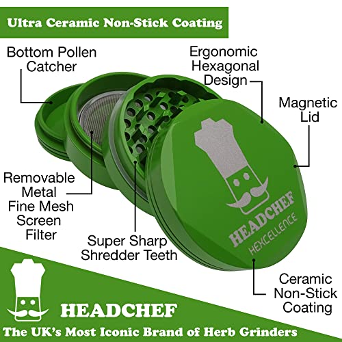 Headchef Hardcore Hexellence Ceramic Non-Stick Coated Metal Herb Grinder, 4 Piece, 62mm (Green)
