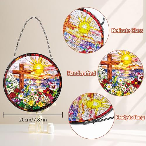 Christian Cross Sunset Ocean Stained Glass Suncatcher, 8 Inch Cross Ocean Sunset