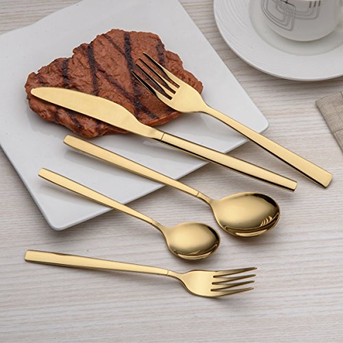 Berglander 20 Piece Titanium Gold Plated Stainless Steel Flatware Set, 20 Pieces Golden Silverware Set, Golden Cutlery Set, Service for 4 (shiny Gold) A. 20 Pieces Gold
