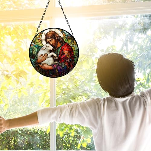 Jesus Little Lamb Stained Glass Window Hanging Suncatcher Easter Gifts 6.3" Red and White 6.3x6.3 IN