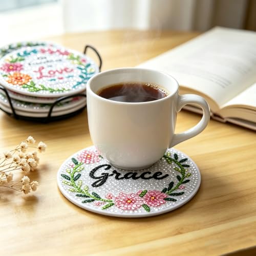 soeonh 8 Pcs Faith Diamond Painting Coasters Kit with Holder