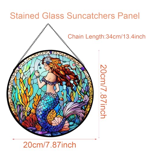 7.87in MermaidStained Glass Window Hanging Sun Catchers Glass Panel Mermaid