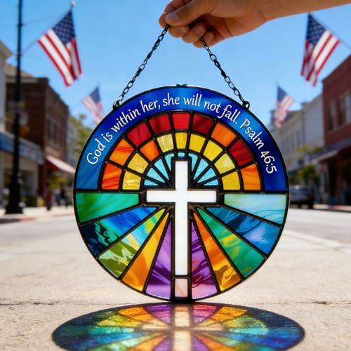 8" Sun Catcher Stained Glass Stained Glass Window hangings - God is Within Her Psalm 46:5 Bible Verse Design - Colorful Rose Window Cross Religious Suncatcher - Christian Gift for Women