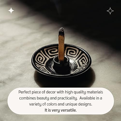 Palo Santo Holder with 5 Sticks - Luna Sundara Handmade Ceramic Incense Burner - Black & White Maze Chulucanas Pottery from Peru - Smudge Bowl for Sage - Aromatherapy Gift Set Black and White Maze
