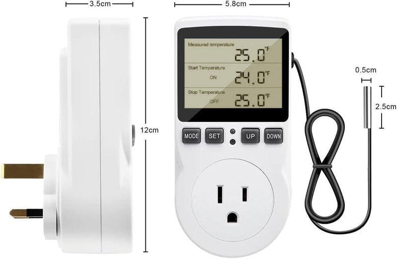 [Australia - AusPower] - Diymore Plug in Thermostat Temperature Controller Electric Digital Thermostat Heating Cooling Control Mode Timer White 2900W 250V 15A Digital Temperature Controller Thermostat Timer LCD Display 