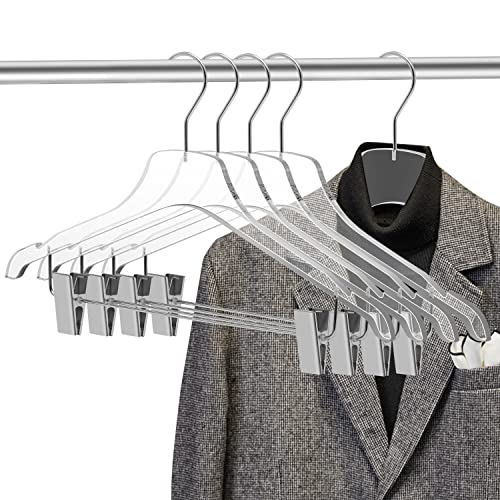Quality Lucite Acrylic Clear Skirt Pants Trousers Bottom Hangers - 5-Pack with Adjustable Metal Clips - Made of Clear Acrylic for a Luxurious Look and Feel with Swivel Hook - Chrome 1