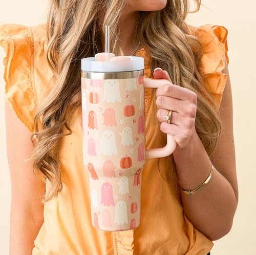 Halloween Tumbler with Lid and Straw Handle 40 oz Tumbler with Handle Insulated Stainless Steel Reusable Water Bottle Travel Mug for Water Hot Cold Iced Coffee Drinks (Pink White Ghosts) Pink White Ghosts