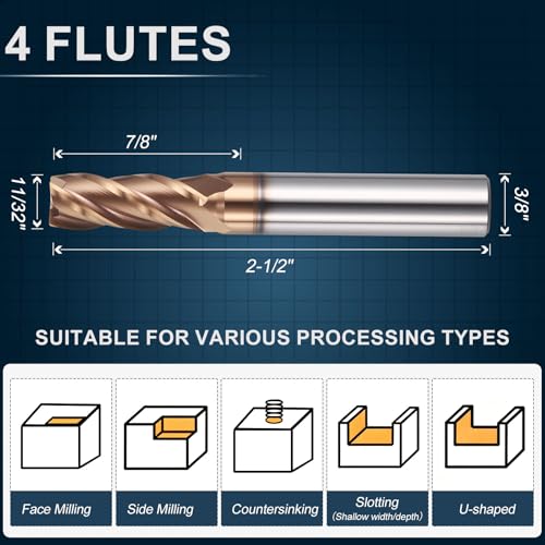 Workkyma carbide end mill, square nose, 11/32-inch diameter, 4 flute, 3/8-inch shank