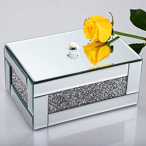 Hipiwe Glass Mirrored Jewelry Box with Crushed Diamond Decor, Trinket Organizer Box Luxury Rings Earrings Necklace Storage Keepsake Box Treasure Chest Case, Silver Large Size