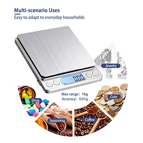 Upgraded Large Range Small Kitchen Scale 1kg/0.01g, USB Charging Mini Food Electronic Scale, High Accuracy Cooking Scale, for Jewellery Gold Coffee Herb Coin Pocket Scale with LCD Display