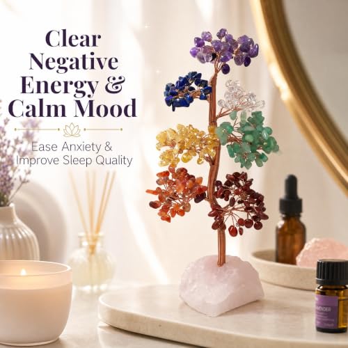 Natural 7 Chakra Crystal Money Tree with Raw Rose Quartz Base Multicolor