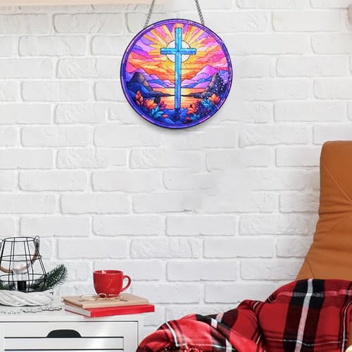 HOTIYOK Stained Glass Cross Round Mountain Sunset Design Glass Window Hanging for Kitchen Indoor Decorations Gifts for Women Grandma Teacher Nature Lovers
