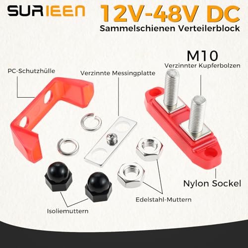 12V-48V DC Busbar 250A Busbar, Red + Black Power Distribution, M10 Bolt Battery Busbar for Car Solar Boat Truck, Red