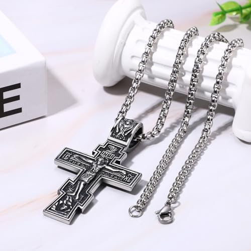 Flonge Vintage Orthodox Cross Necklace: Eastern Orthodox Cross Necklace Stainless Steel Cross Pendant Crucifix Necklaces silver