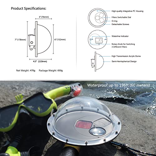 SOONSUN Underwater Dome Port for GoPro Hero 7 6 5 Black, Built-in Filters