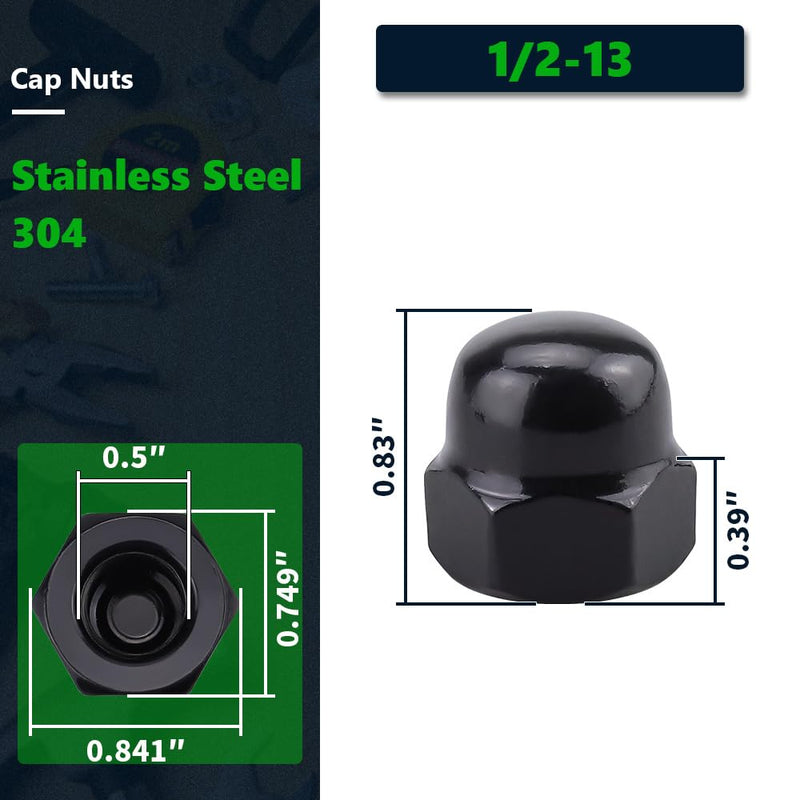 [Australia - AusPower] - 1/2-13 (10 Pack) Stainless Steel Cap Nuts, Acorn Cap Dome Head Nuts US Standard, Stainless Steel 304 (18-8), UNC Coarse Thread, Black Coated 1/2"-13 10 
