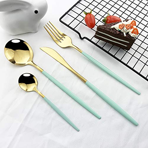 JASHII Flatware Serving Set 24 Piece, Stainless Steel Silverware Set, Mint Green Gold Cutlery, Modern Elegant Tableware for Party, Christmas, Dinner