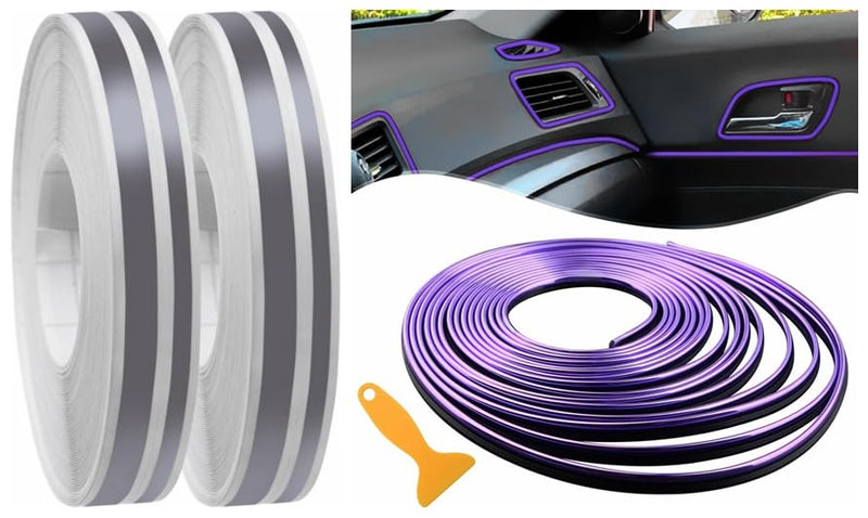 Spurtar 2 Rolls x 33Ft Car Pinstriping Tape Grey & 16.4ft/5M Car Interior Trim Strips Purple