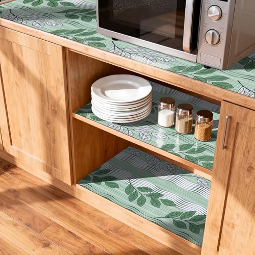 FIFTY FEET Green Leaves Shelf Liner for Kitchen Cabinets, 18 x 96 Inch x 5 Roll Non Adhesive Non Slip Drawer Liner, Washable Cabinet Liner for Shelves & Drawers 18*96inch*5 Roll