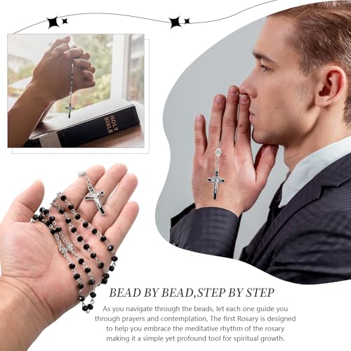 SZQCZB Rosary Beads Catholic for Men and Women, St.Benedict Center Piece and Crucifix, Black Cystal Rosary Beads with Saint Benedict Miraculous Gift Box and 18pcs Prayer Cards