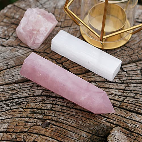 MIMOSA Healing Crystal Point Large Rose Quartz, Raw Rose Quartz &Selenite Large Rose Quartz Pink