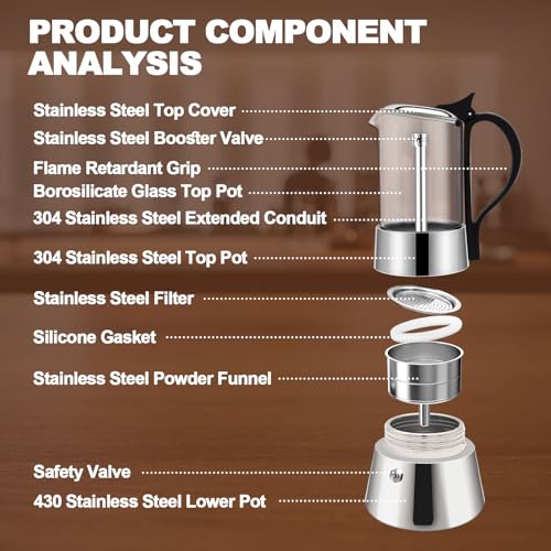 6 Cup Glass Transparent Moka Pot Stainless Steel Uncoated Stovetop Espresso Maker Italian Coffee Makers Mocha Greca Machine Cafe Classic Induction Cookers for Home Camping 350ml 6 Cup
