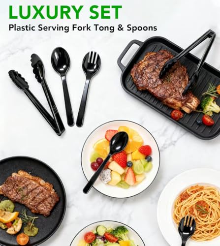 36 PCS Plastic Serving Utensils, Disposable Serving Spoons Forks Tongs for Buffet Serving Utensils Set for Parties Black Serving Utensils for Restaurant Dinner Salad Noodles Soup