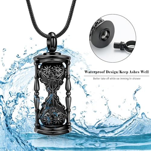 Hourglass Urn Necklace for Ashes, Cremation Keepsake Jewelry for Men Women Black