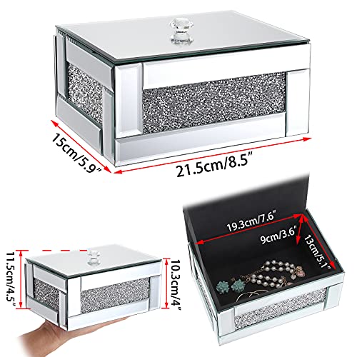 Hipiwe Glass Mirrored Jewelry Box with Crushed Diamond Decor, Trinket Organizer Box Luxury Rings Earrings Necklace Storage Keepsake Box Treasure Chest Case, Silver Large Size