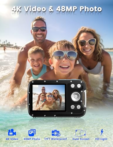 Underwater Camera 4K 48MP Autofocus Selfie Dual Screen Waterproof Camera with Floating Strap and 32GB Card, 17FT Compact Waterproof Digital Camera, Fill Light Underwater Camera for Snorkeling