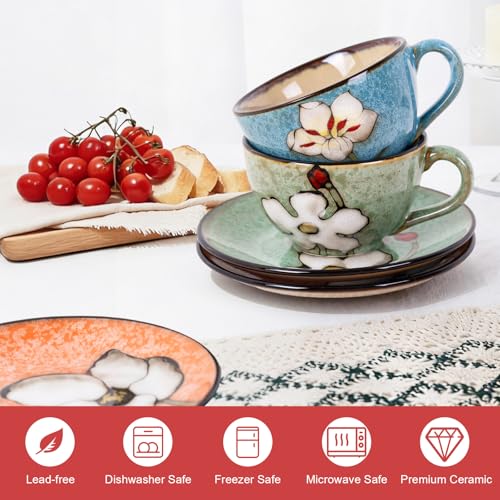 8 Oz Floral Porcelain Cappuccino Cups with Saucers Set of 4, Stoneware Tea Coffee Mugs for Home Kitchen & Office, Dishwasher Microwave Oven Safe, for Espresso, Latte, Americano, Milk & Tea, Mix