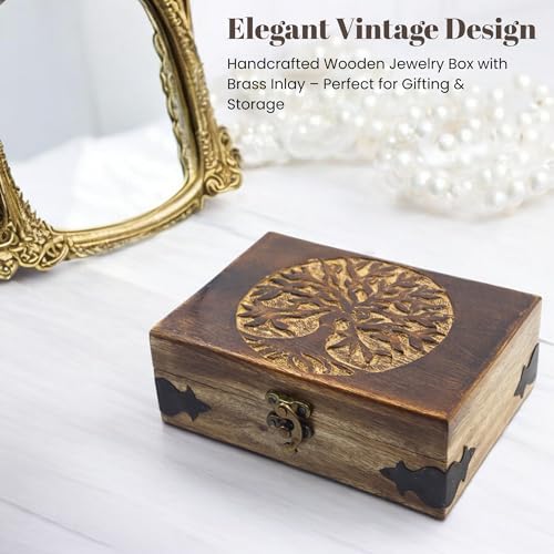 Handmade Wooden Jewelry Box with Tree of Life Engraving – Antique Handcarved Keepsake Organizer for Women & Men | Solid Wood Storage Box for Jewelry, Trinkets, Gifts & Home Décor 7" x 5" x 2.5" Tree - 2