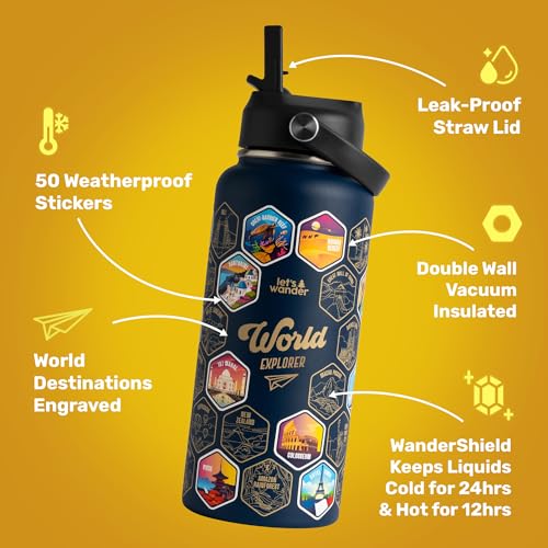 LET'S WANDER World Explorer Adventure Water Bottle with 50 Waterproof Stickers - 32oz Leakproof Insulated Stainless Steel with Straw - Travel Goal Gift Bottle (Blue) Blue