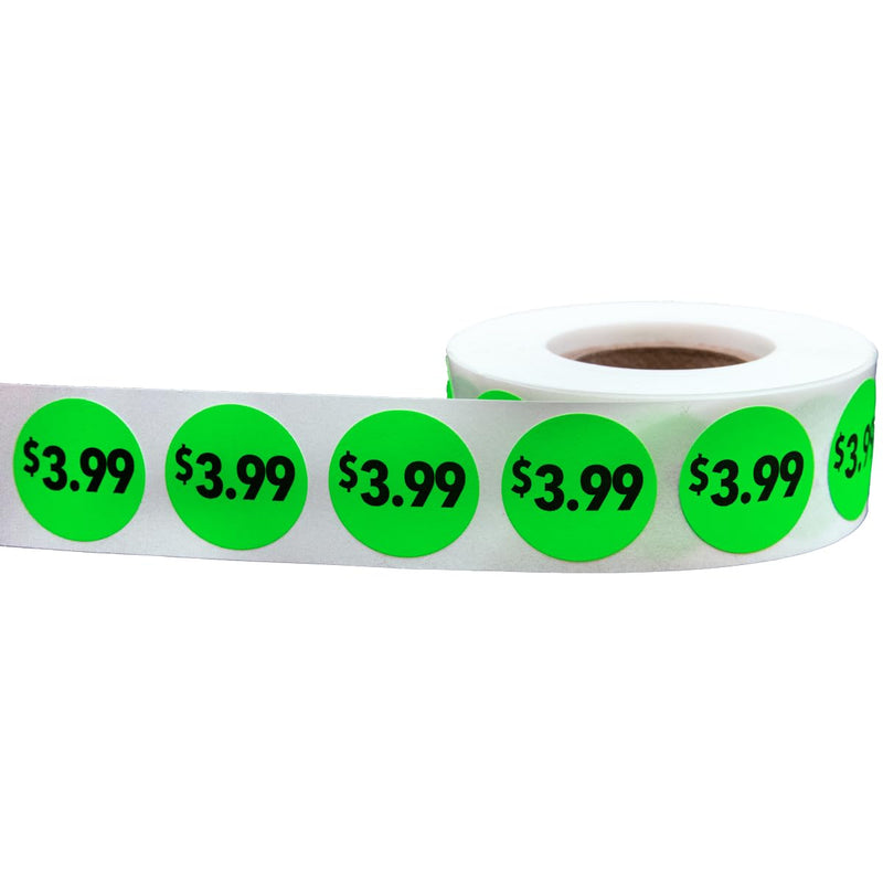 Fluorescent Green 3.99 Stickers – 3/4 Inch Round Circle Dot Labels, 500 Total Adhesive Stickers Per Roll for Pricing, Retail Sales, Inventory, and Packaging – Made in the USA $3.99