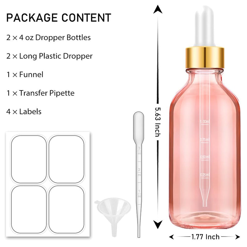 [Australia - AusPower] - Glass Bottle with Dropper, 4 oz Pink Tincture Bottle for Essential Oils with Labels and Funnels, 2 Pack Eye Dropper Bottles with Golden Top (Unbreakable Plastic Eye Dropper with Measurements) 2 Pack-Pink 