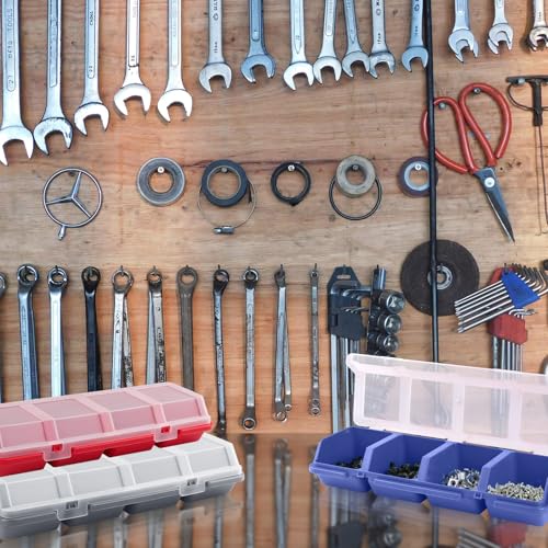 Duogalia 4 pack screw organizer boxes with lids, stackable tool bins in blue, red, black and grey
