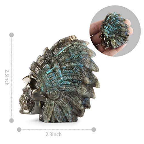 SMQ 2.5" Native American Figurines Labradorite Crystal Indian Skull Head Statue,Hand Carved Gem Skull Figurine Ornament for Halloween Carnival Festival,Home,Closet Decor 2.3*2.5Inches