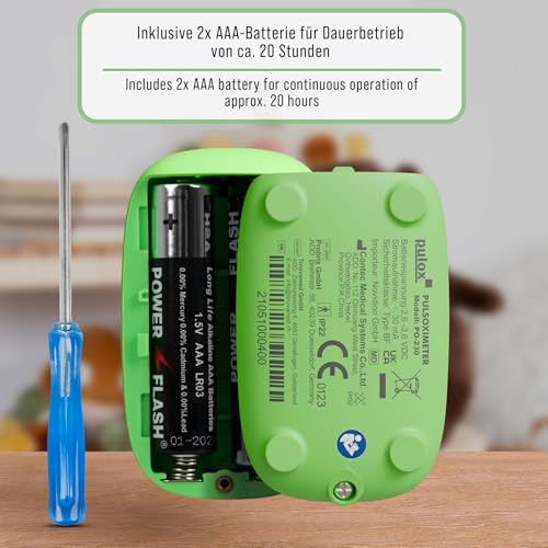 Pulox PO-230 Children's Pulse Oximeter Green for Measuring SpO2 and Pulse | Measures oxygen saturation and heart rate in just a few seconds, includes stickers for individual gluing and designing
