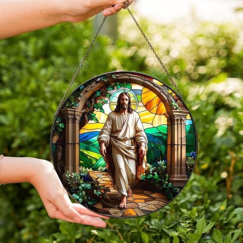 8 Inch Stained Glass Cross Suncatcher for Window Hanging Home Garden Decor Jesus