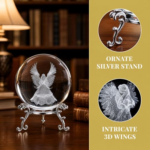 2 Pcs Crystal Ball with Silver Stand - 3D Laser Engraved Guardian Angel & Clear Glass Sphere Paperweight, Healing Crystal Figurine for Home Decor, Wedding & Angel Lovers Gift Clear&angel