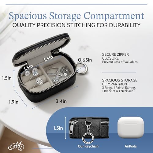 CMD Travel Jewelry Box Case Holder with Secure Keychain – Portable Ring Holder, Jewelry Organizer for Rings, Earrings, Necklaces, and Bracelets – Black Leather & Velvet, 2"D x 3.4"W x 1.75"H