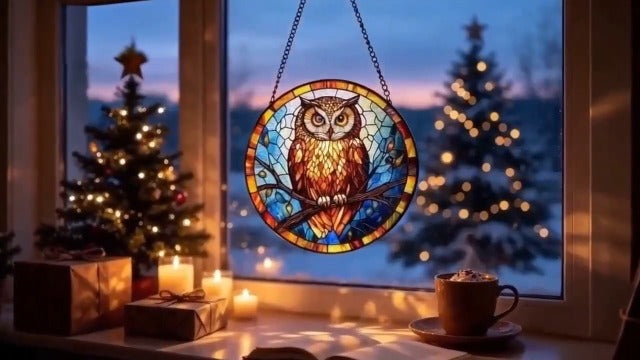 Stained Glass Owl Suncatcher, 7.8’’ Bird Window Hanging Gift for owl Lovers