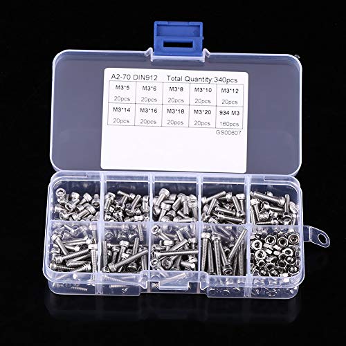 340-piece 304 stainless steel hex socket head screws, bolts and nuts assortment kit with storage box